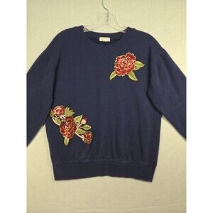 Ultra Flirt Juniors Floral Sequin Roses Applique Sweatshirt Small Navy Blue Cute